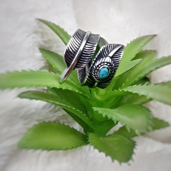 Boho Stainless Steel Feather Turquoise Ring Festival Gypsy Bohemian - Picture 4 of 8